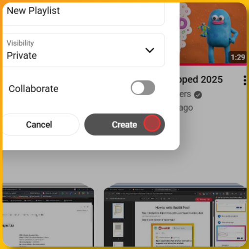 Screenshot showing how to click the Create button to finalize and create your new YouTube playlist